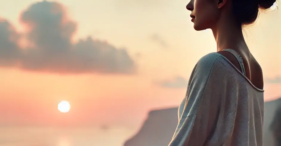 마음챙김 명상을 바다를 보면서 하는 여성